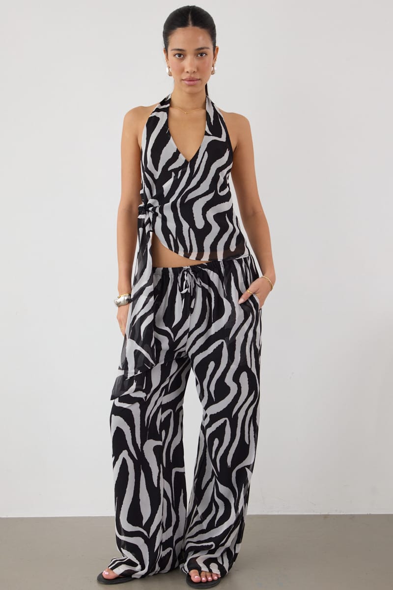 Black Animal Print Wide Leg Pants Sheer for Ally Fashion