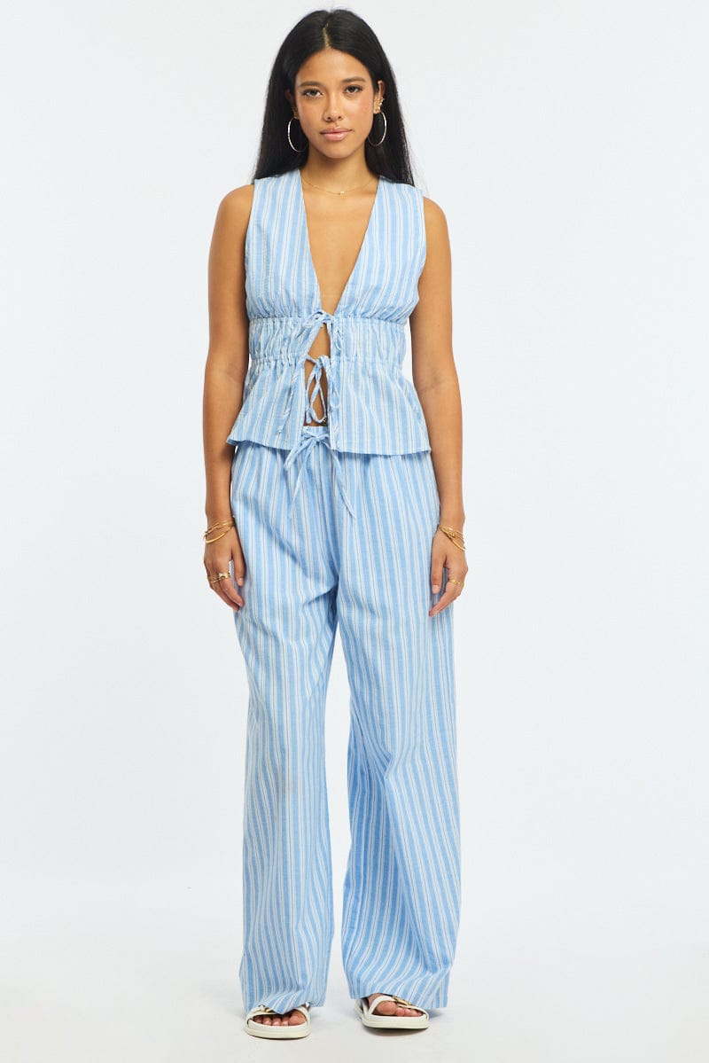 Blue Stripe Wide Leg Pants Elasticated Waist for Ally Fashion