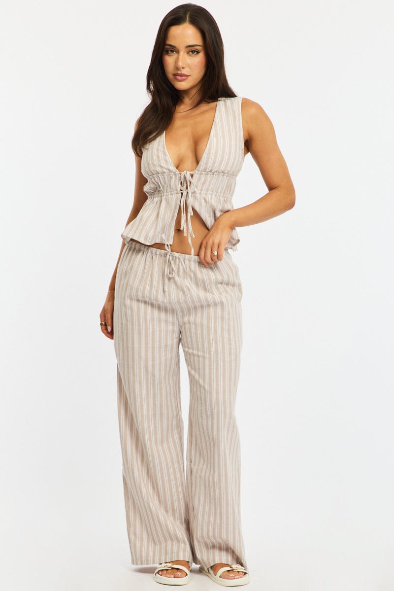 Beige Stripe Wide Leg Pants Elasticated Waist for Ally Fashion
