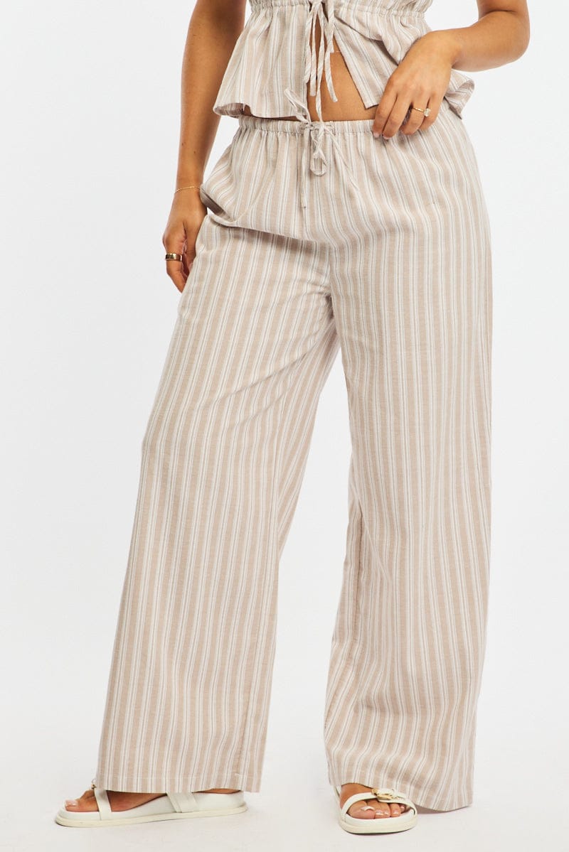 Beige Stripe Wide Leg Pants Elasticated Waist for Ally Fashion
