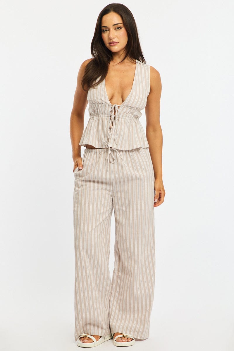 Beige Stripe Wide Leg Pants Elasticated Waist for Ally Fashion