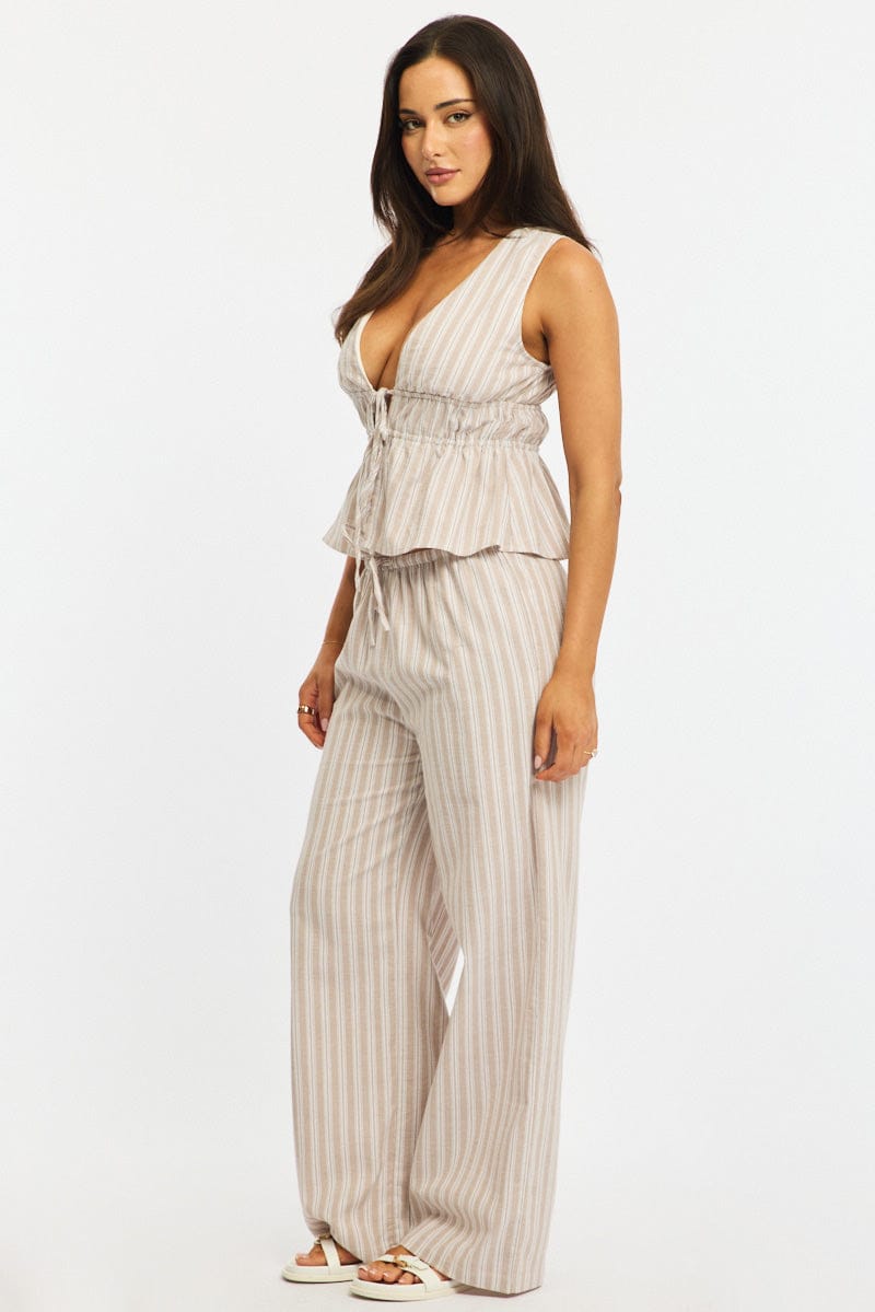 Beige Stripe Wide Leg Pants Elasticated Waist for Ally Fashion