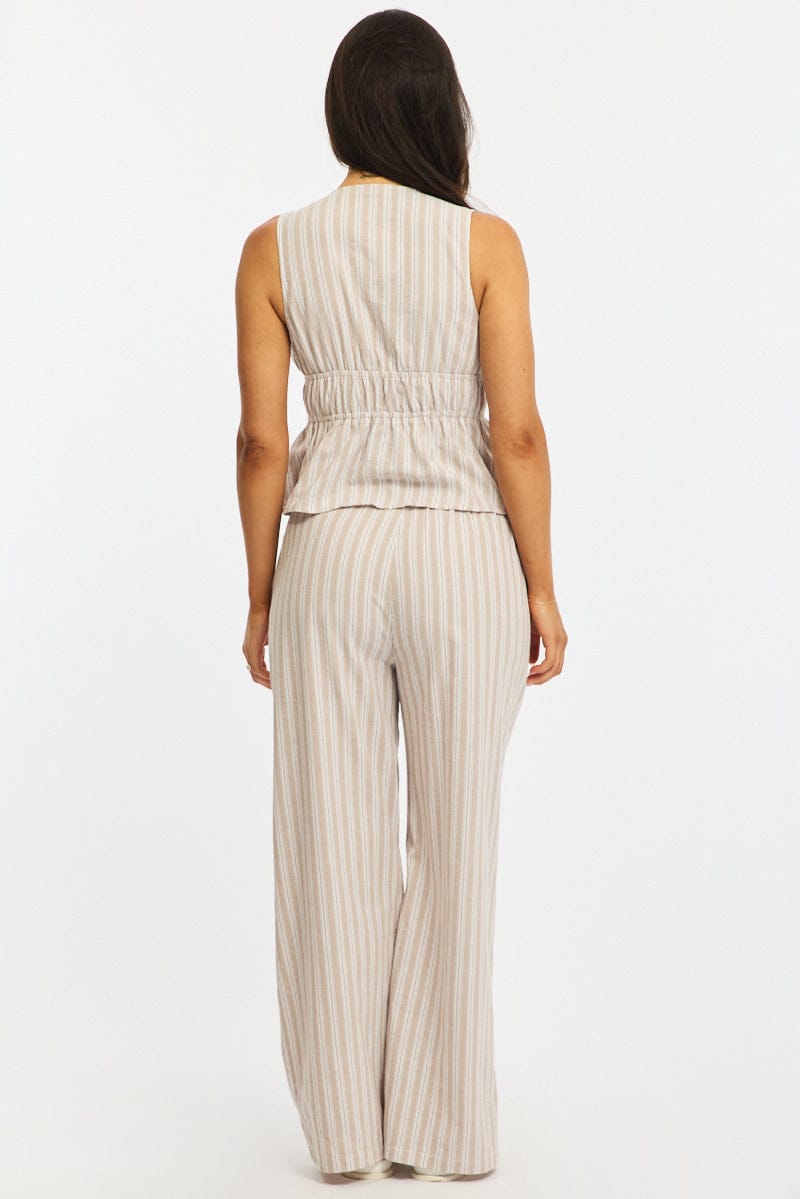 Beige Stripe Wide Leg Pants Elasticated Waist for Ally Fashion