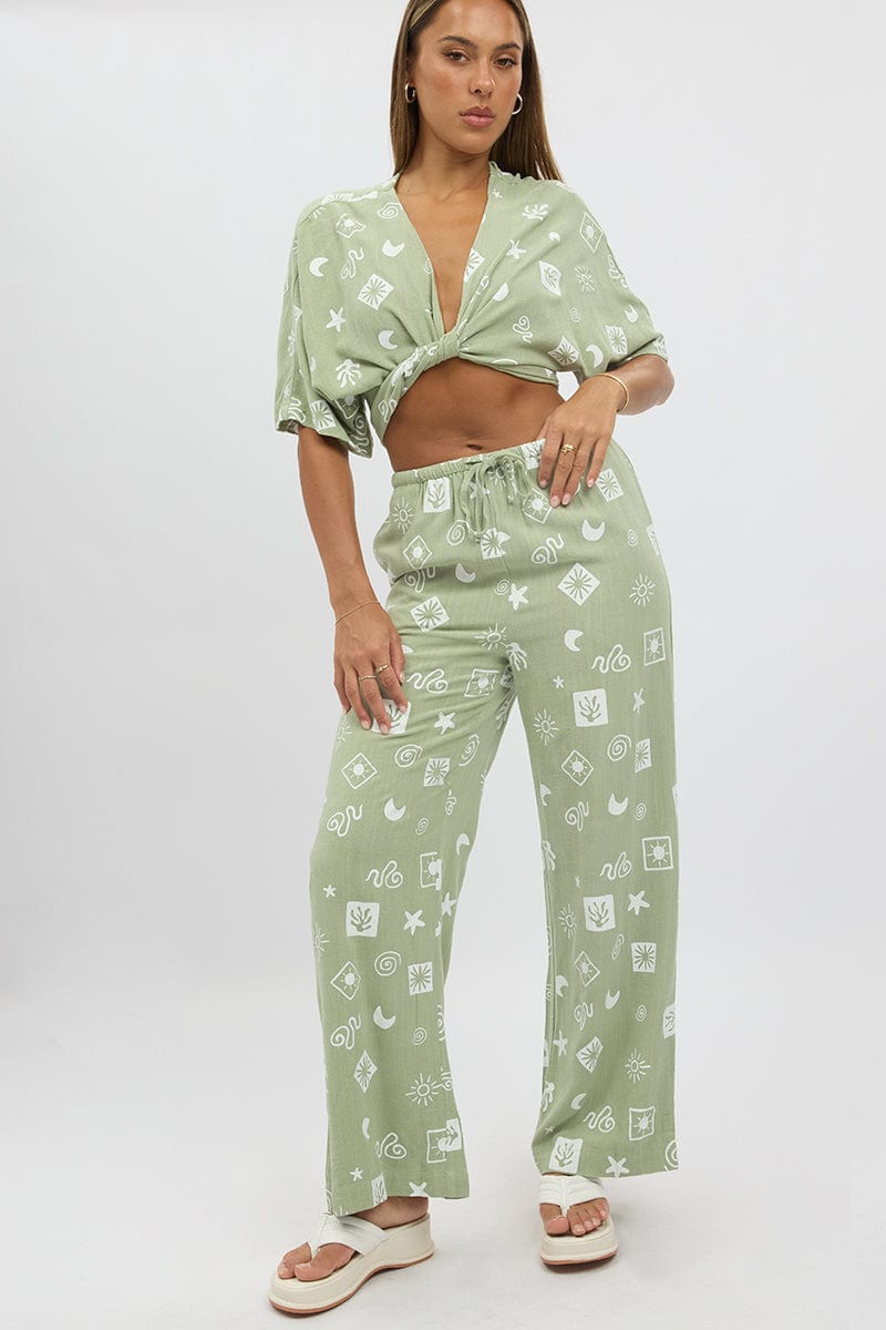 Green Abstract Wide Leg Pants High Rise for Ally Fashion