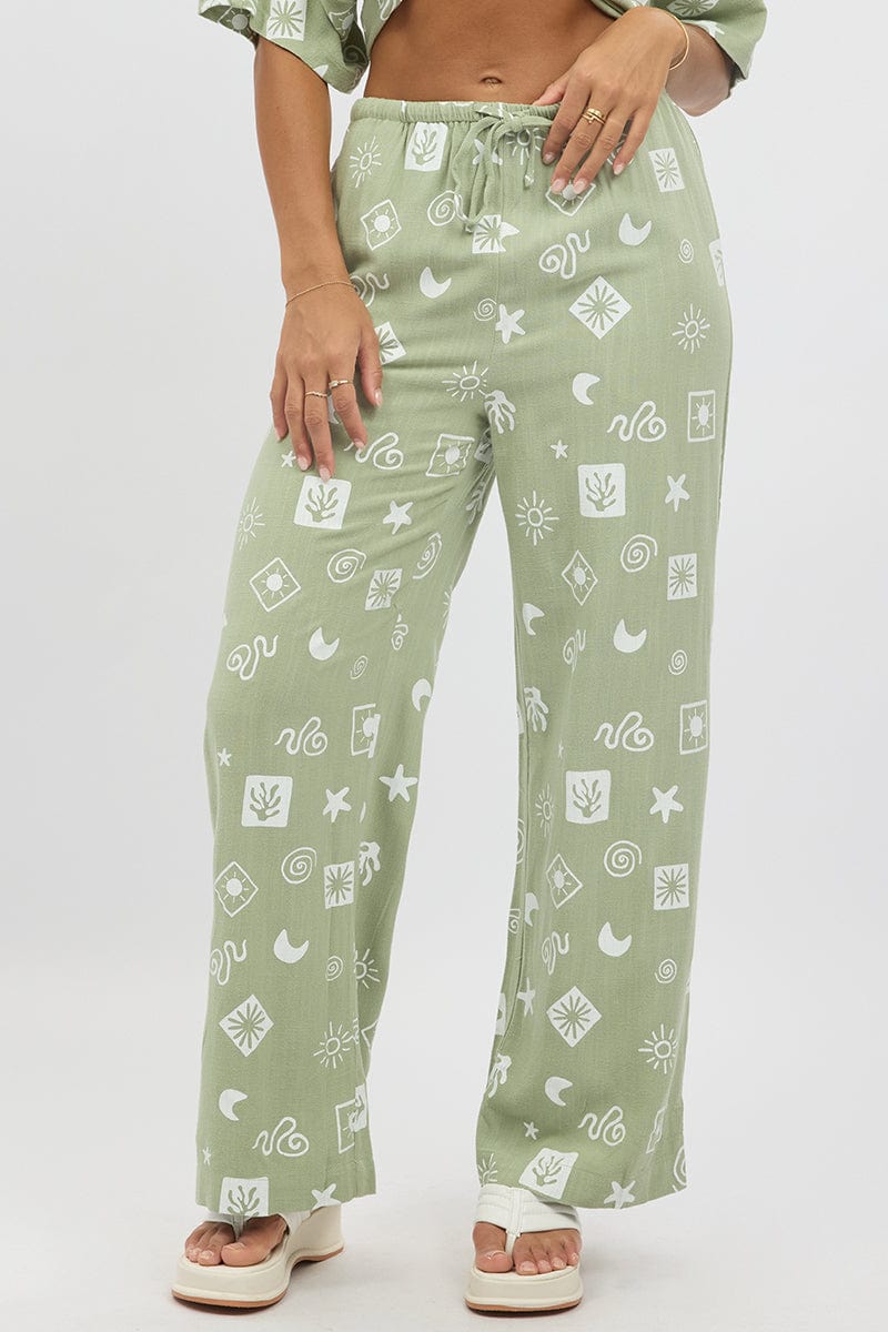 Green Abstract Wide Leg Pants High Rise for Ally Fashion