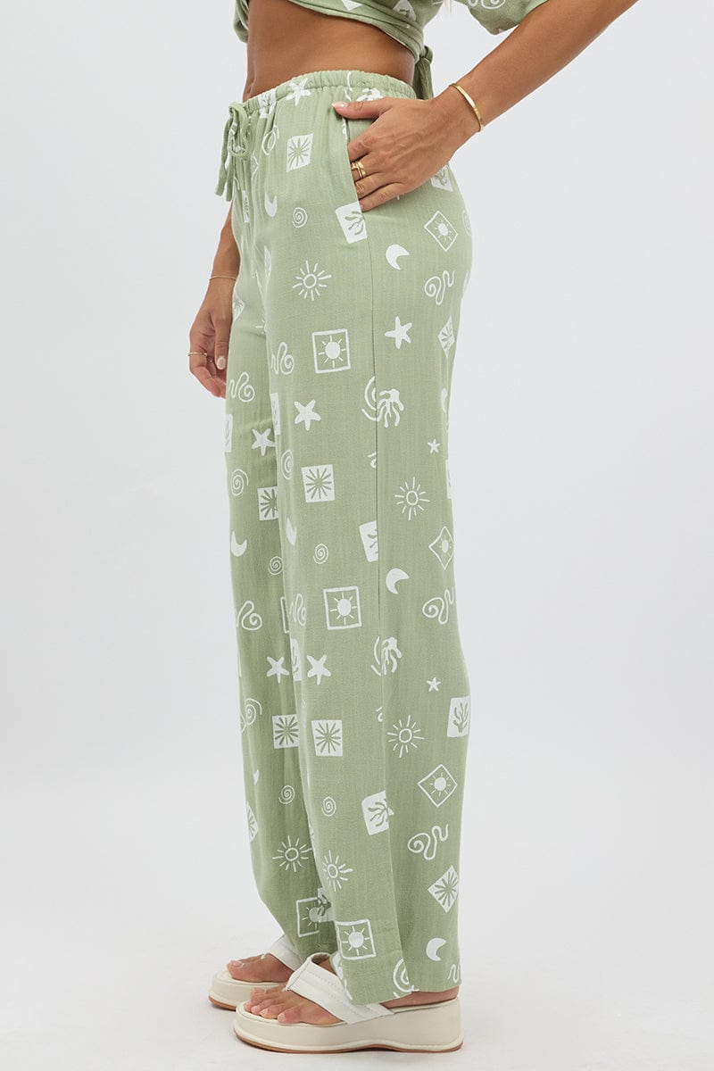 Green Abstract Wide Leg Pants High Rise for Ally Fashion