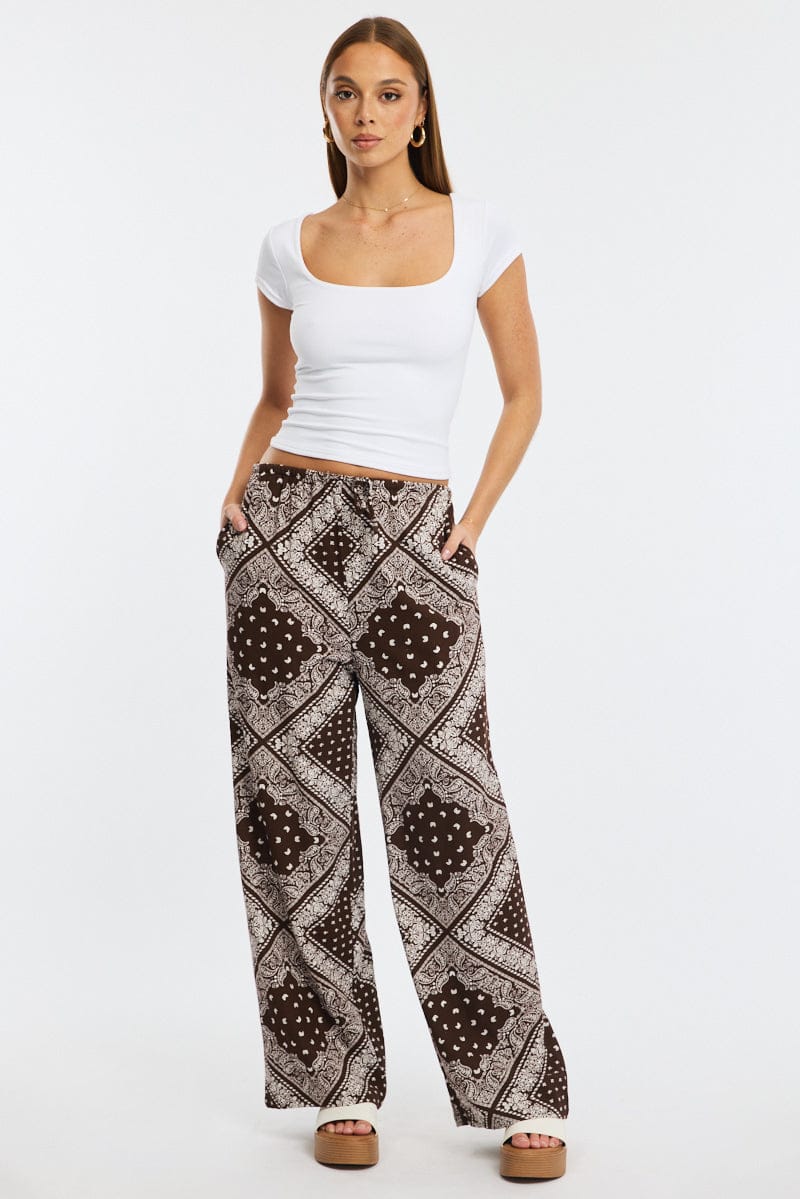 Brown Boho Wide Leg Pants High Rise for Ally Fashion
