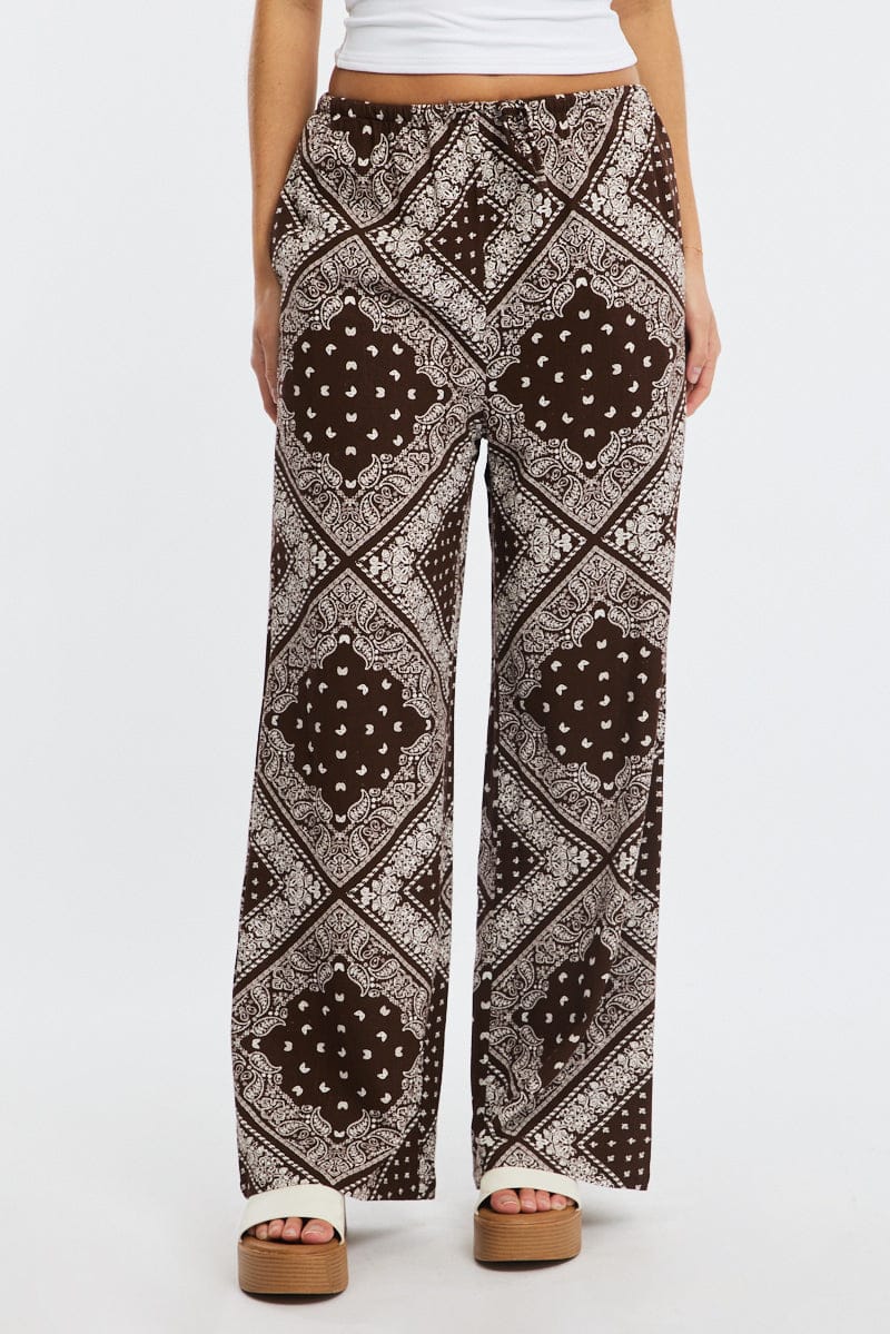 Brown Boho Wide Leg Pants High Rise for Ally Fashion