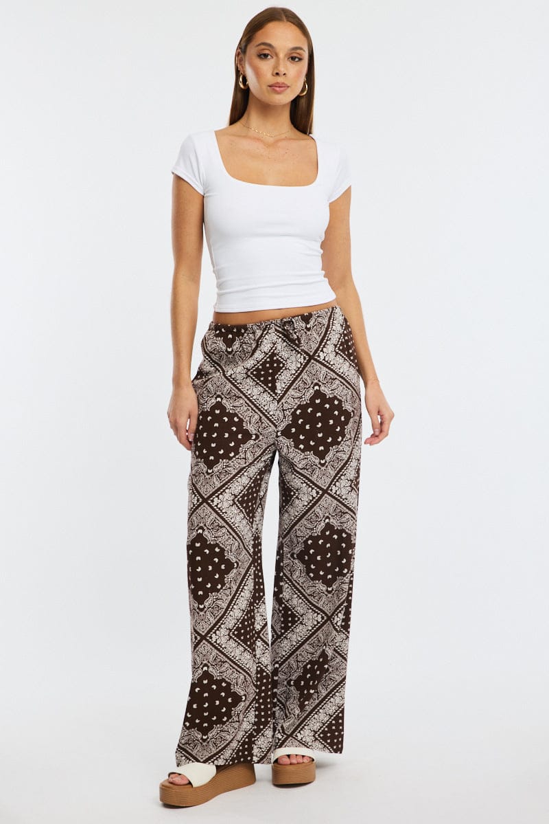Brown Boho Wide Leg Pants High Rise for Ally Fashion