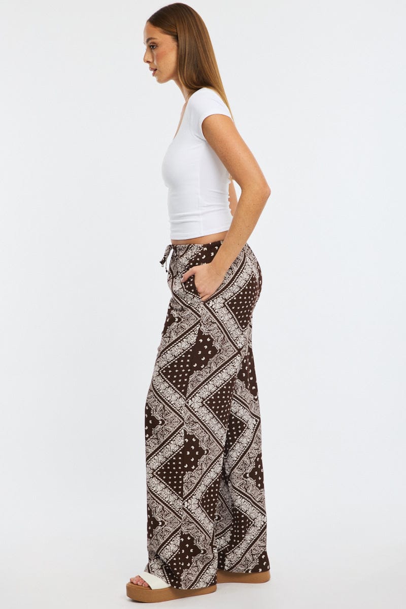 Brown Boho Wide Leg Pants High Rise for Ally Fashion