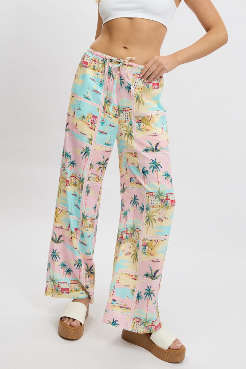 Multi Abstract Wide Leg Pants High Rise for Ally Fashion