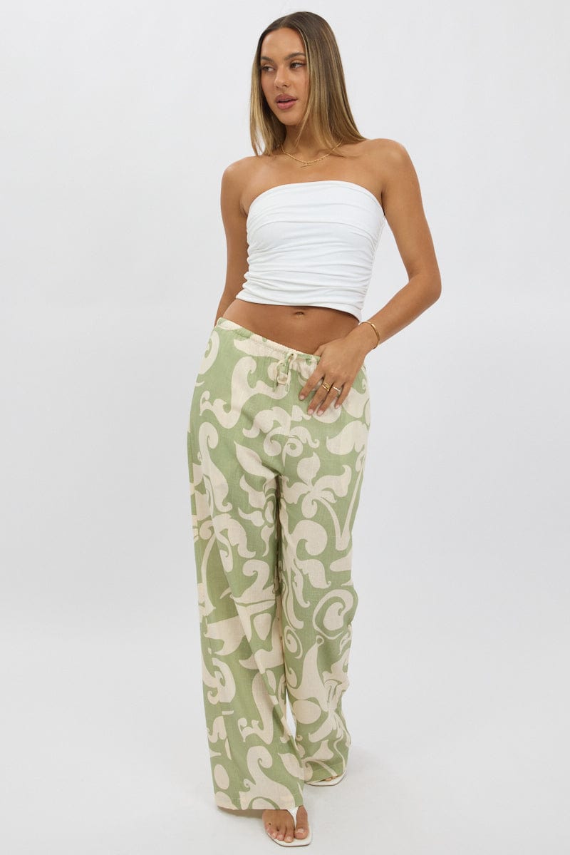 Green Abstract Wide Leg Pants High Rise for Ally Fashion