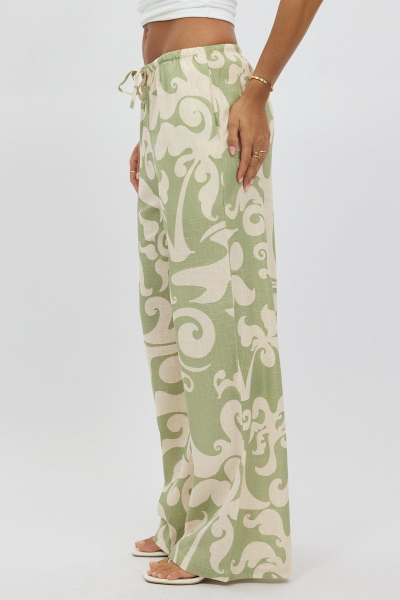 Green Abstract Wide Leg Pants High Rise for Ally Fashion