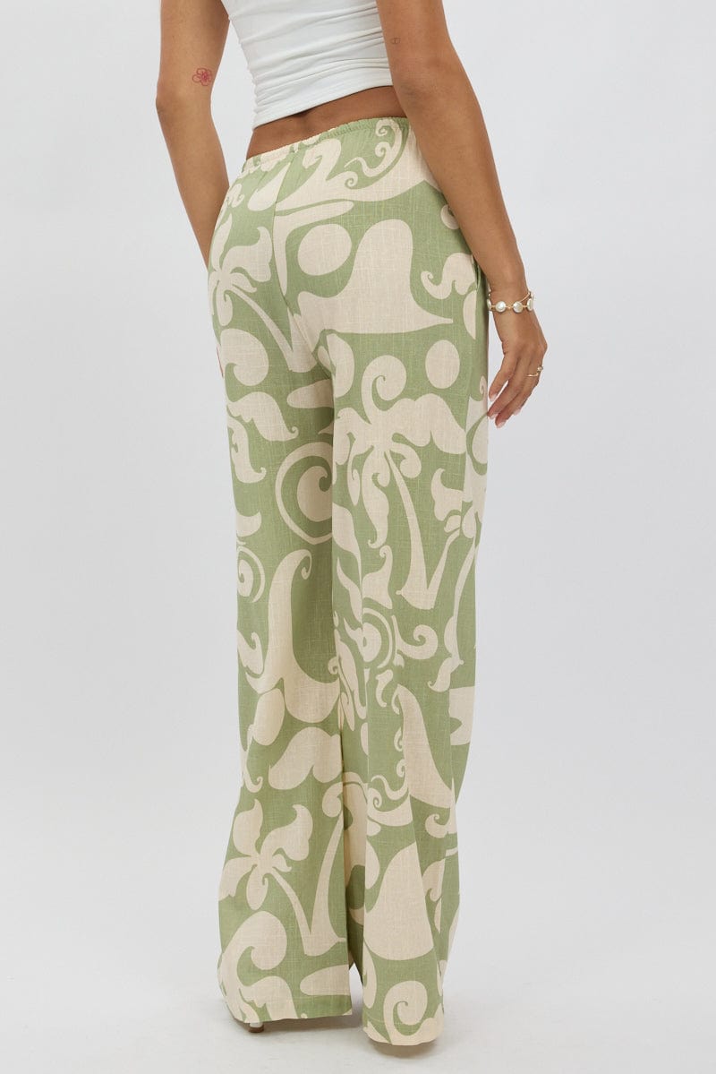 Green Abstract Wide Leg Pants High Rise for Ally Fashion