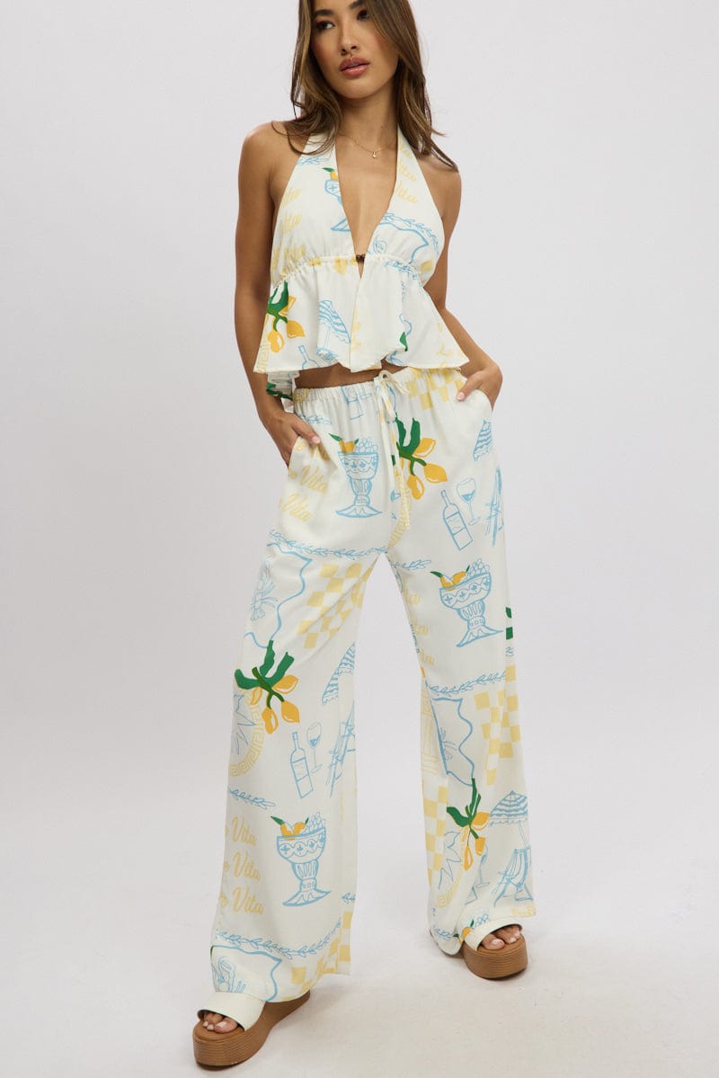 Yellow Abstract Wide Leg Pants High Rise for Ally Fashion