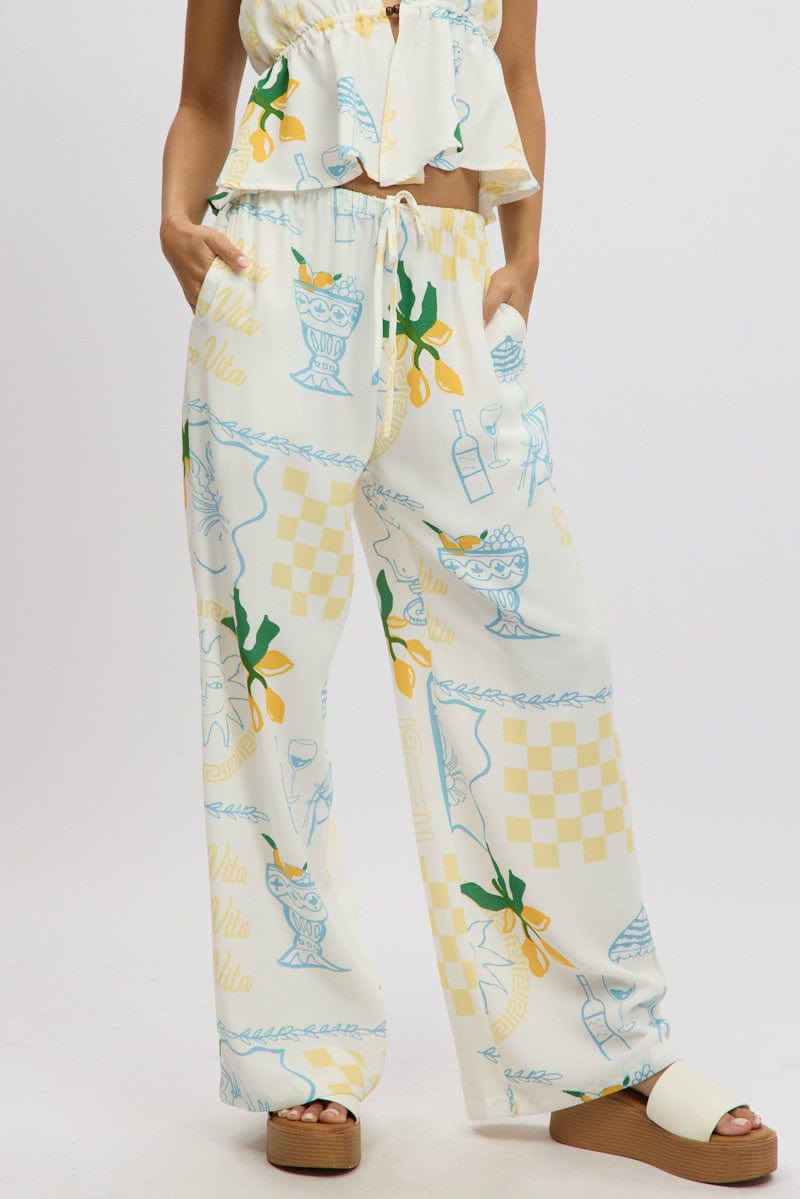 Yellow Abstract Wide Leg Pants High Rise for Ally Fashion