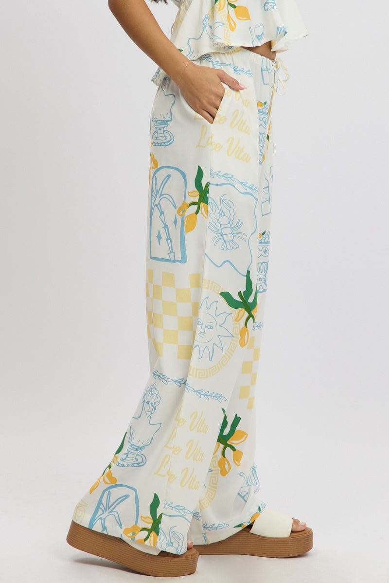 Yellow Abstract Wide Leg Pants High Rise for Ally Fashion