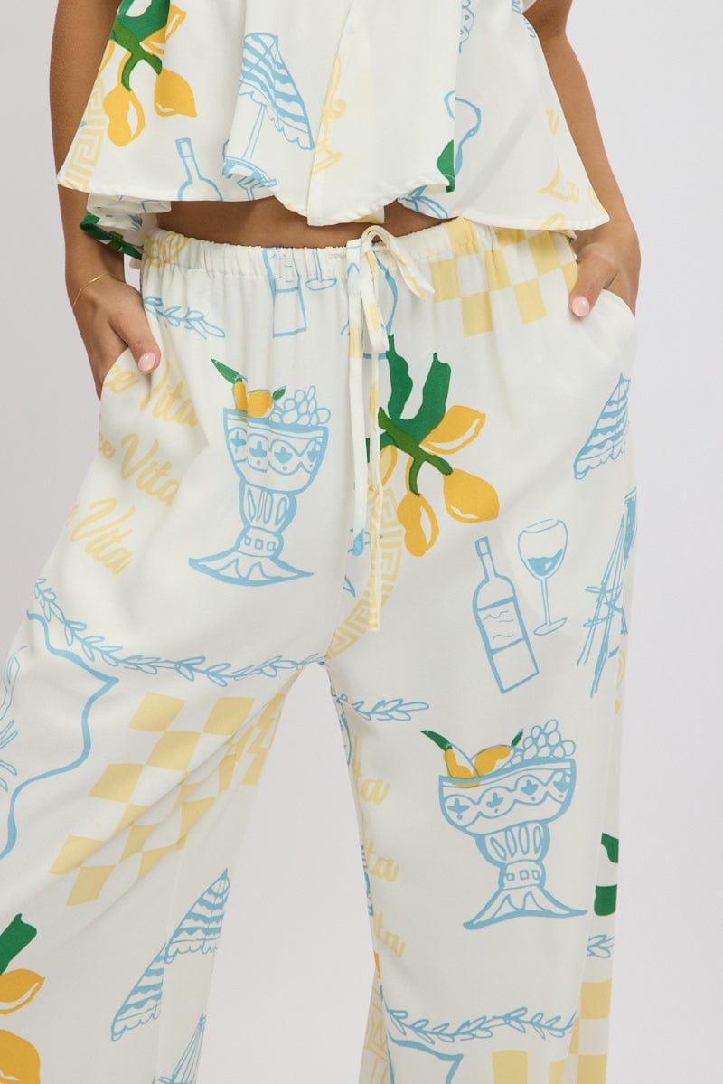 Yellow Abstract Wide Leg Pants High Rise for Ally Fashion