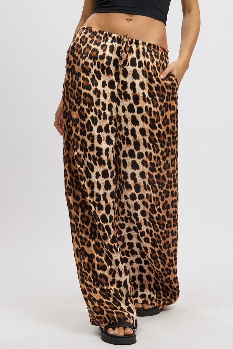 Brown Animal Print Wide Leg Pants Elasticated Waist for Ally Fashion