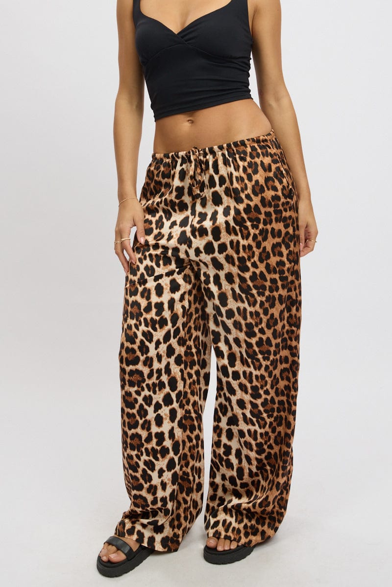 Brown Animal Print Wide Leg Pants Elasticated Waist for Ally Fashion