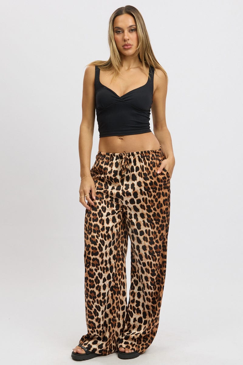 Brown Animal Print Wide Leg Pants Elasticated Waist for Ally Fashion