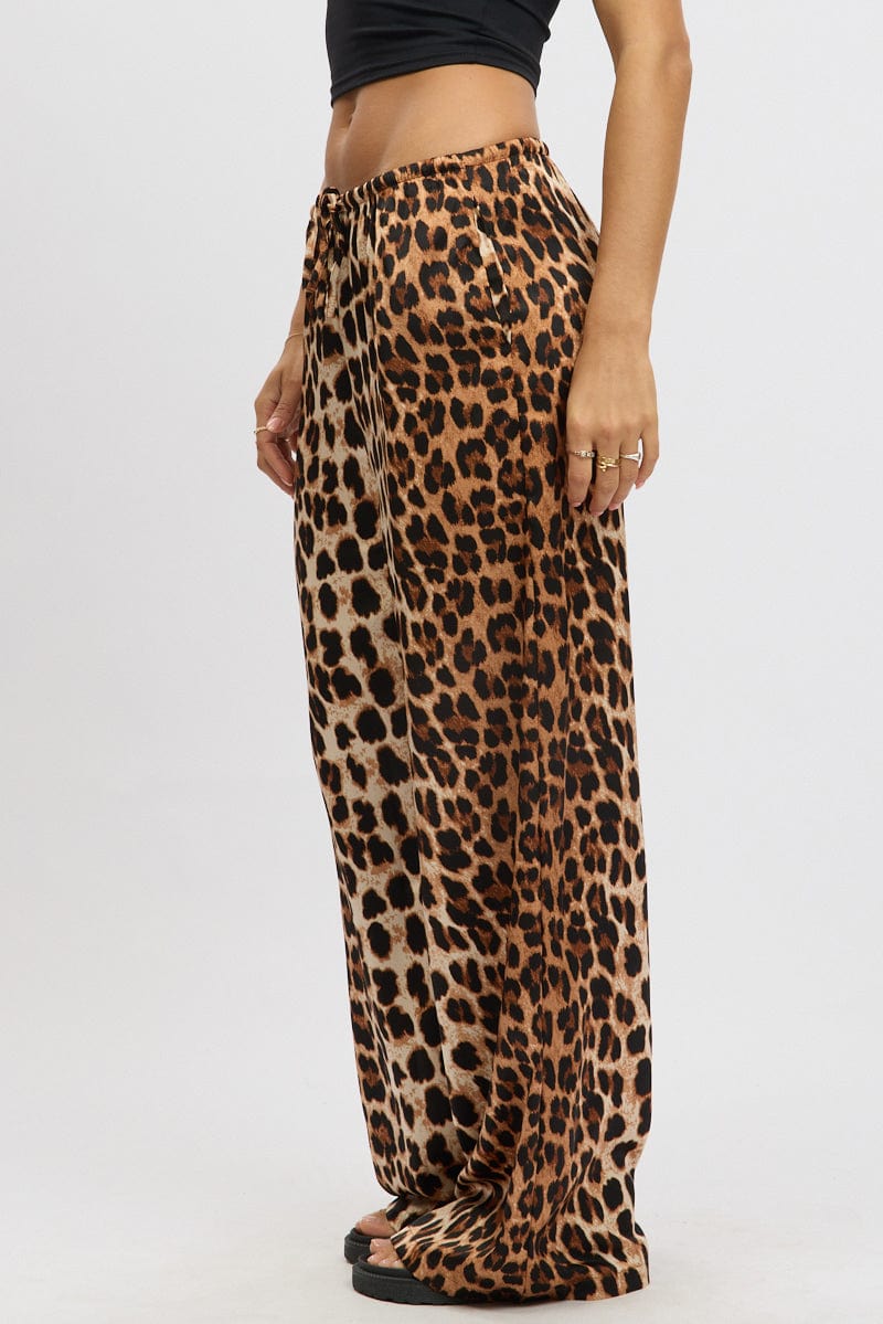 Brown Animal Print Wide Leg Pants Elasticated Waist for Ally Fashion