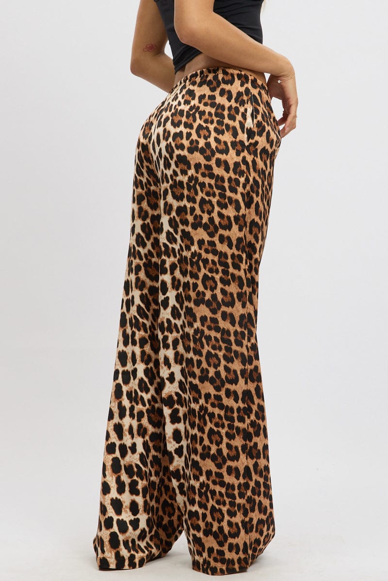 Brown Animal Print Wide Leg Pants Elasticated Waist for Ally Fashion