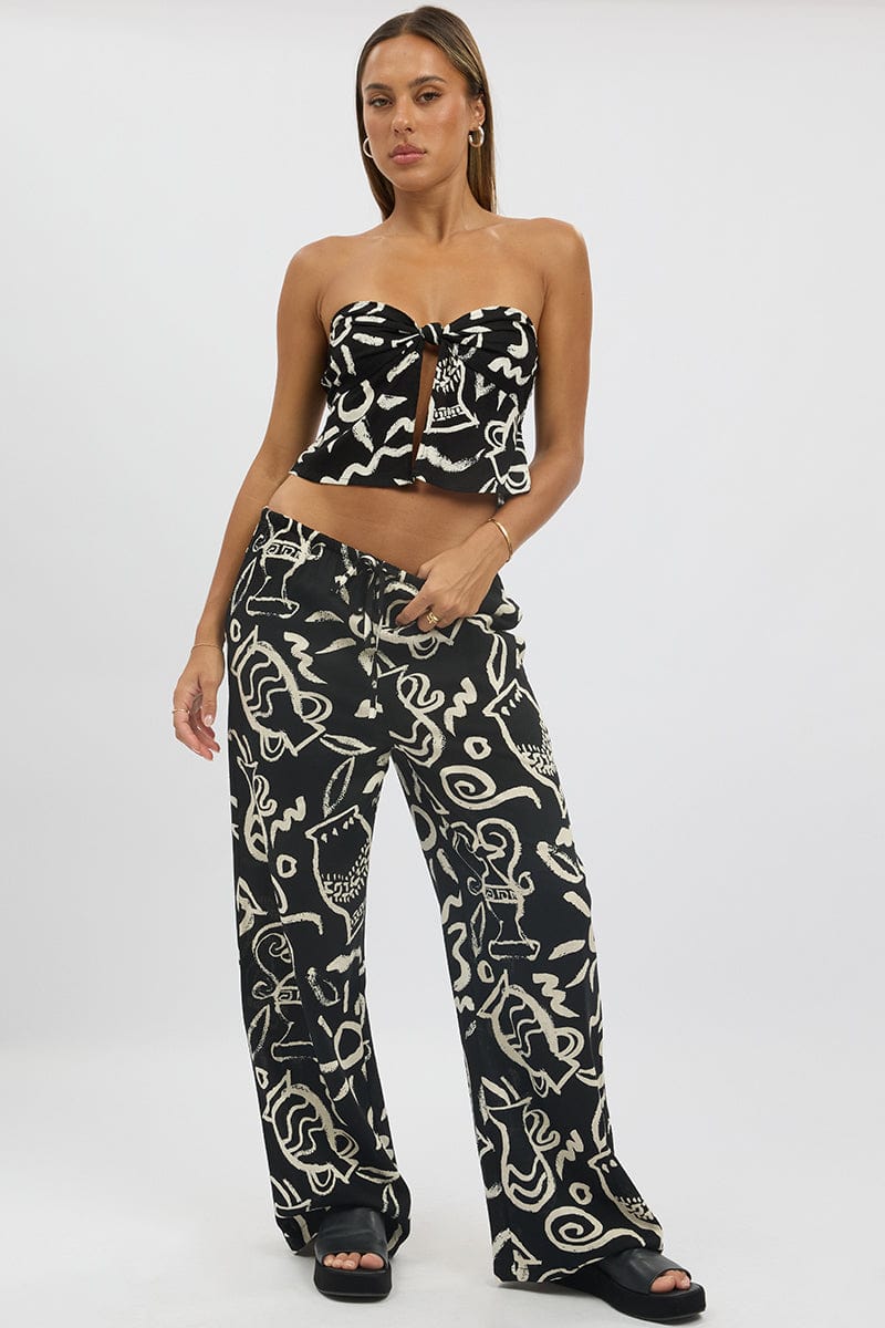 Black Abstract Wide Leg Pants High Rise for Ally Fashion