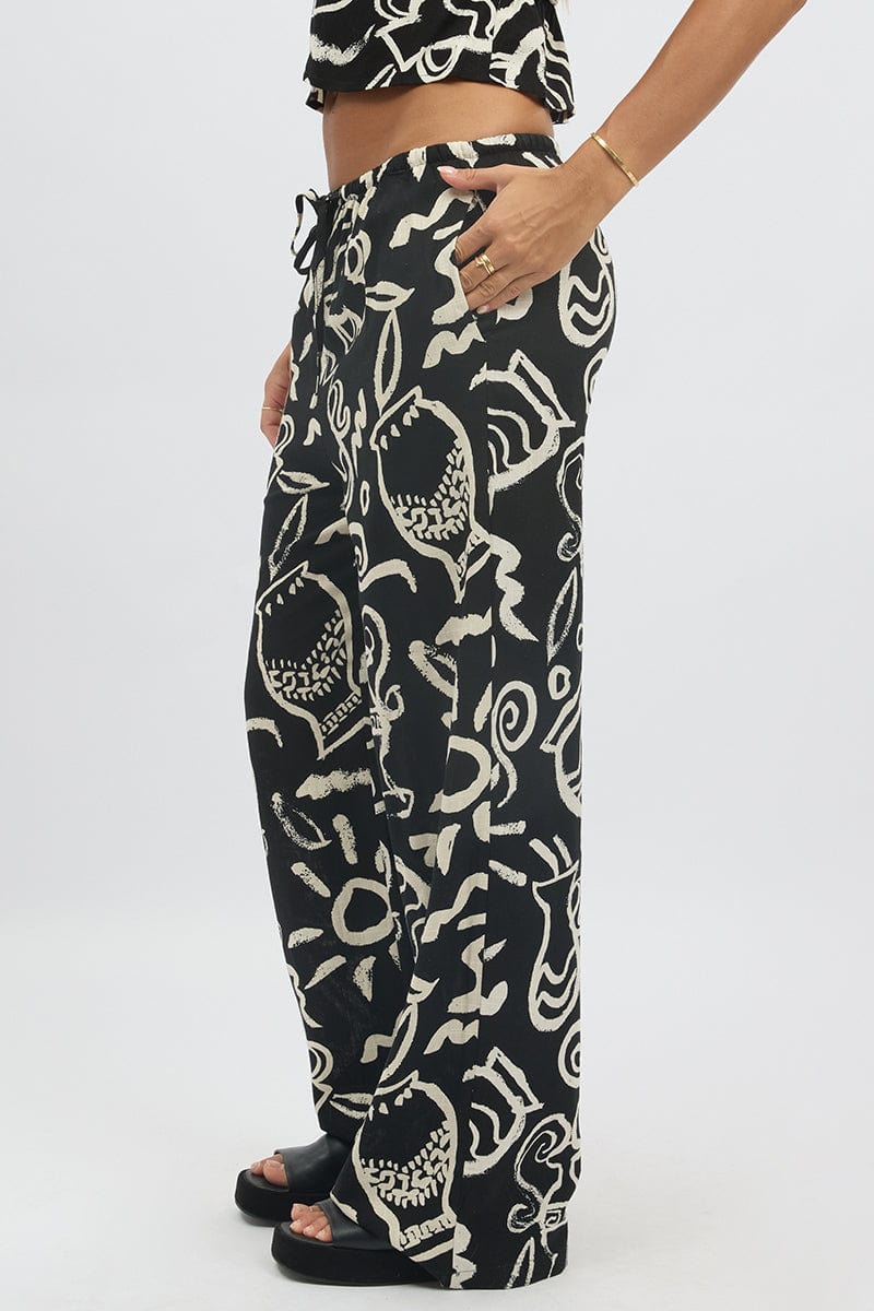 Black Abstract Wide Leg Pants High Rise for Ally Fashion