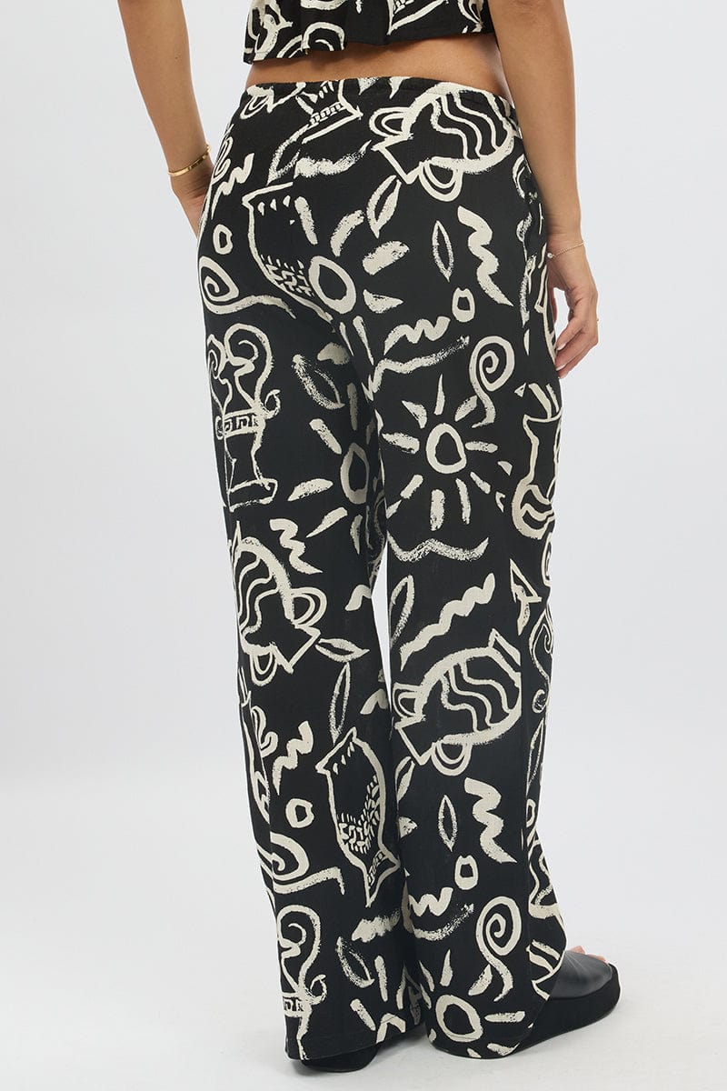 Black Abstract Wide Leg Pants High Rise for Ally Fashion