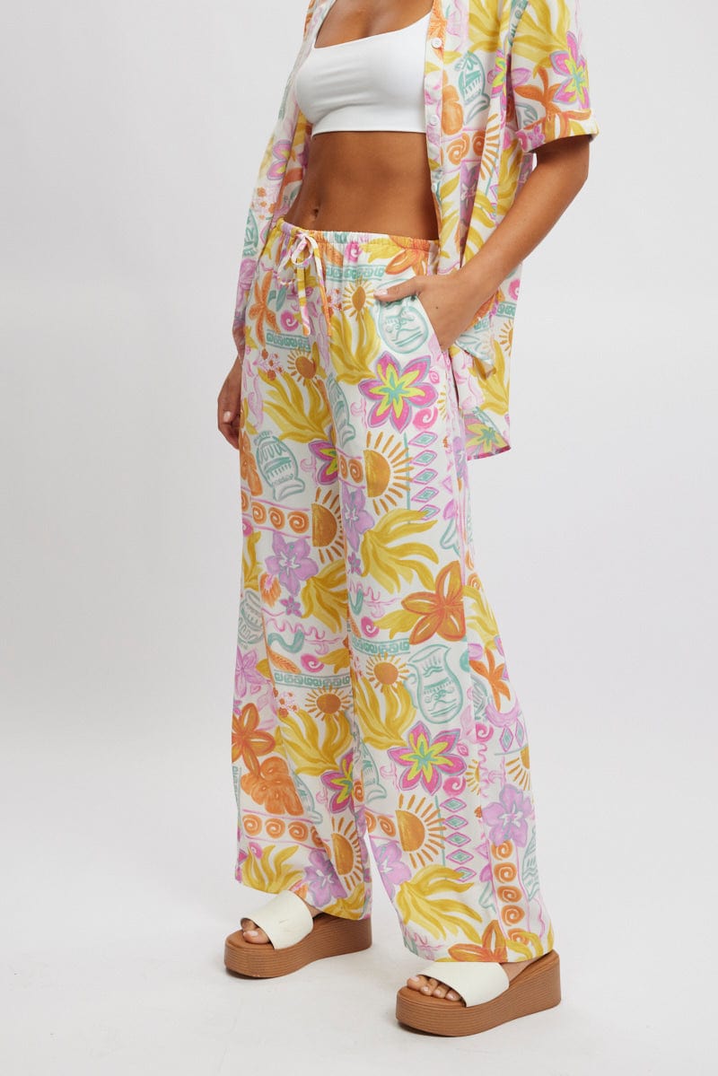 Multi Abstract Wide Leg Pants High Rise for Ally Fashion