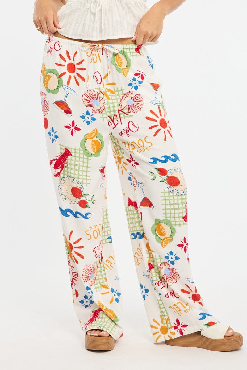 Red Abstract Wide Leg Pants Elasticated Waist for Ally Fashion