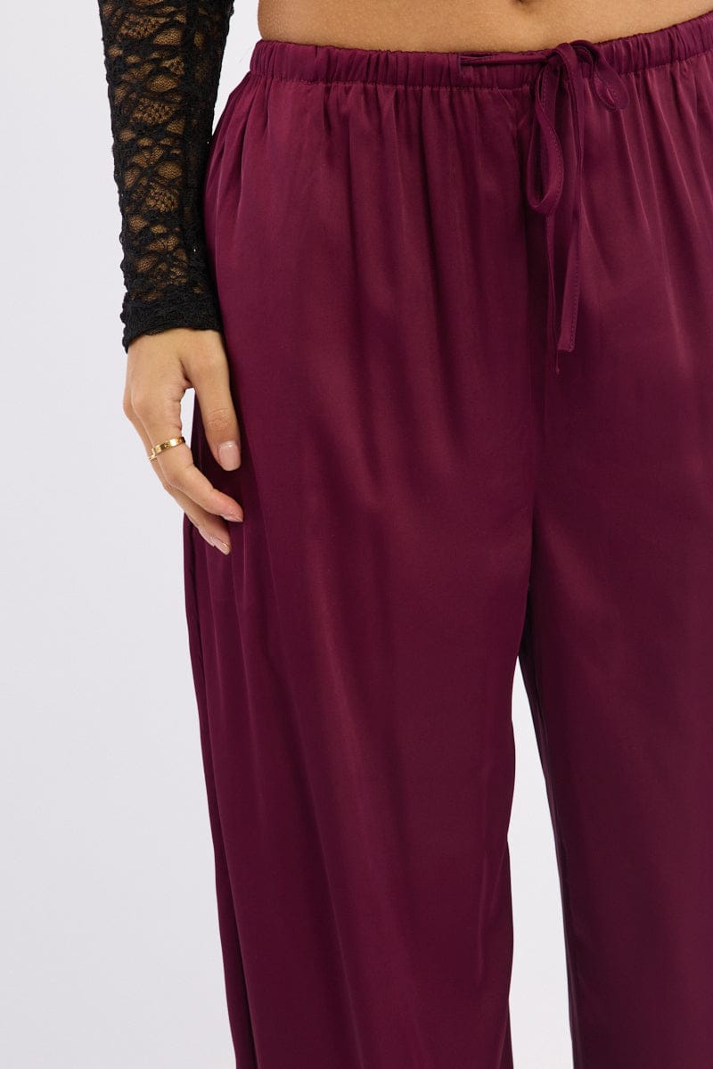 Red Wide Leg Pants High Rise Satin for Ally Fashion