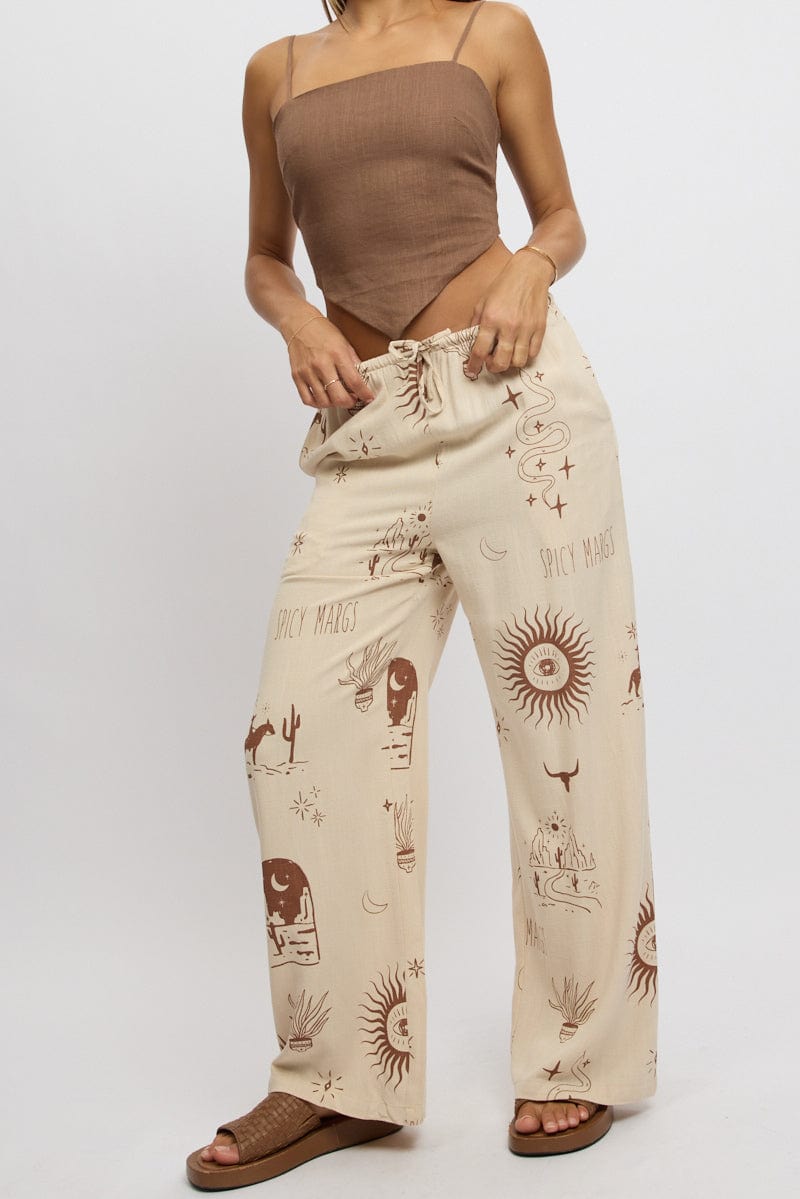 Beige Abstract Wide Leg Pants High Rise for Ally Fashion