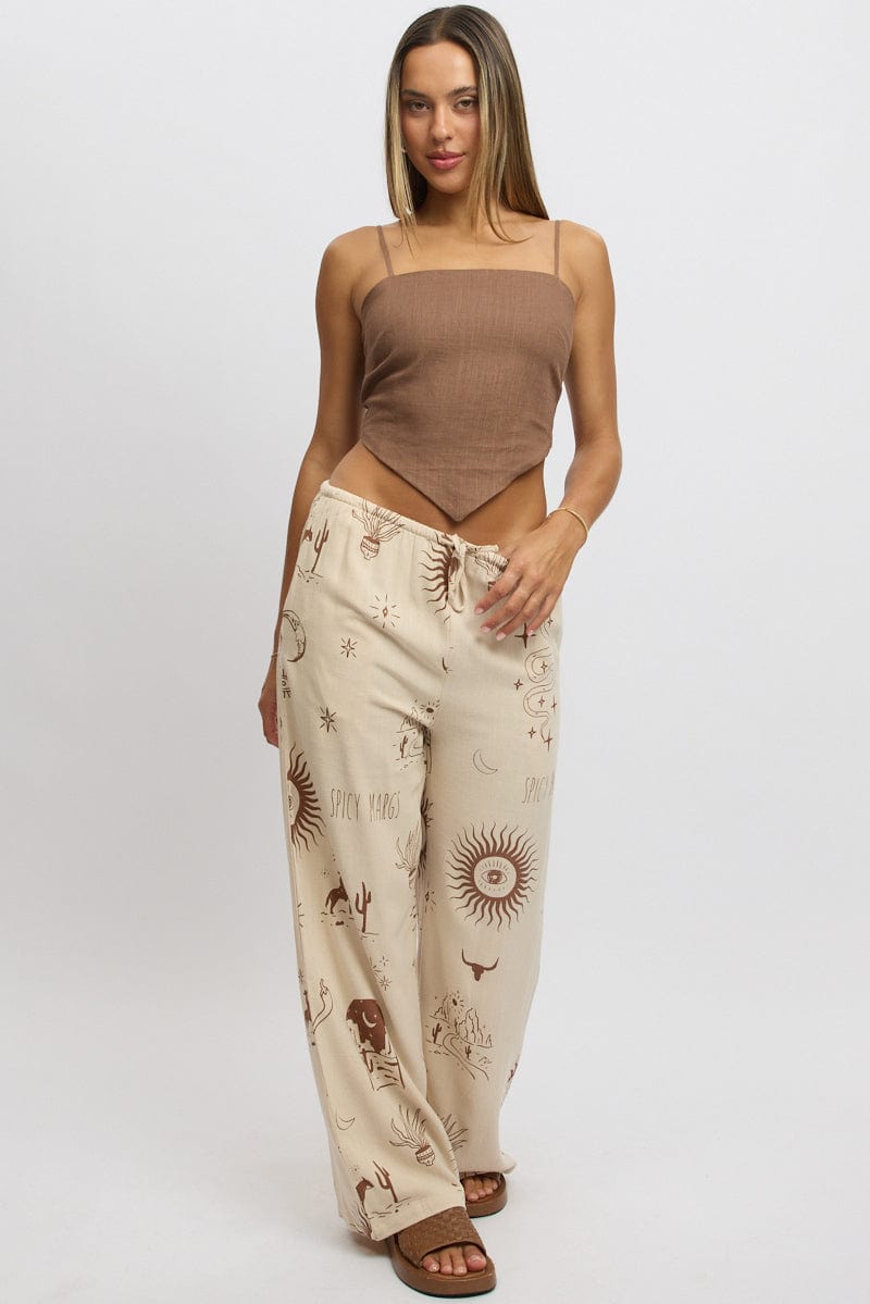 Beige Abstract Wide Leg Pants High Rise for Ally Fashion