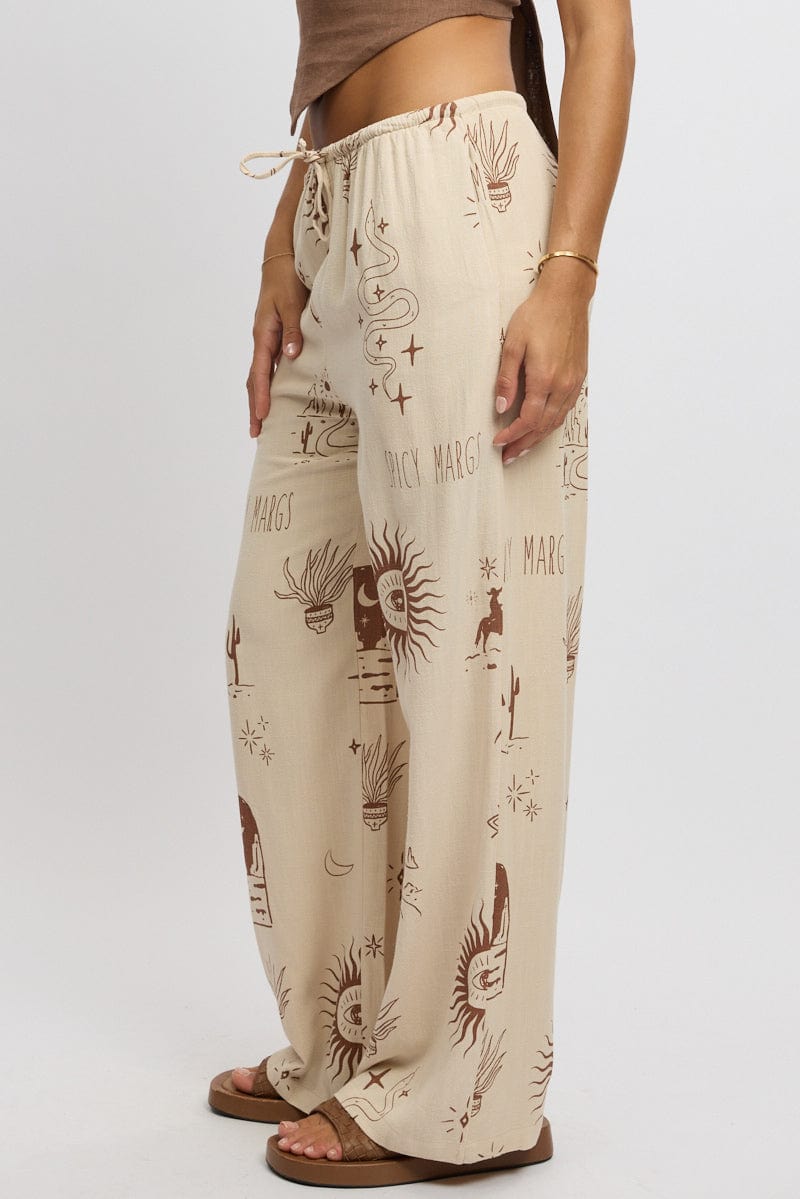 Beige Abstract Wide Leg Pants High Rise for Ally Fashion