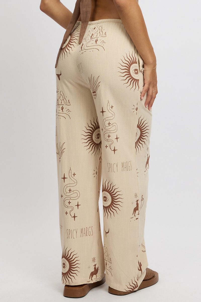 Beige Abstract Wide Leg Pants High Rise for Ally Fashion