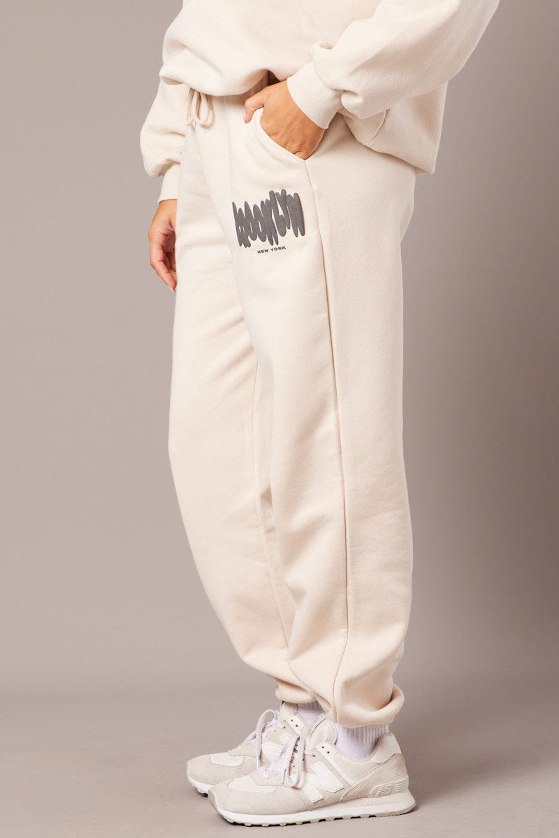 Beige Track Pants High Rise for Ally Fashion