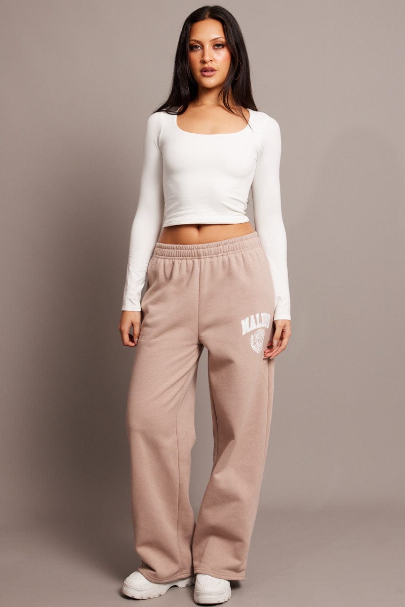 Beige Track Pants Wide Leg for Ally Fashion