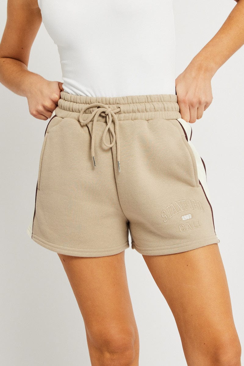 Brown Track Shorts High Rise Elastic Waist for Ally Fashion