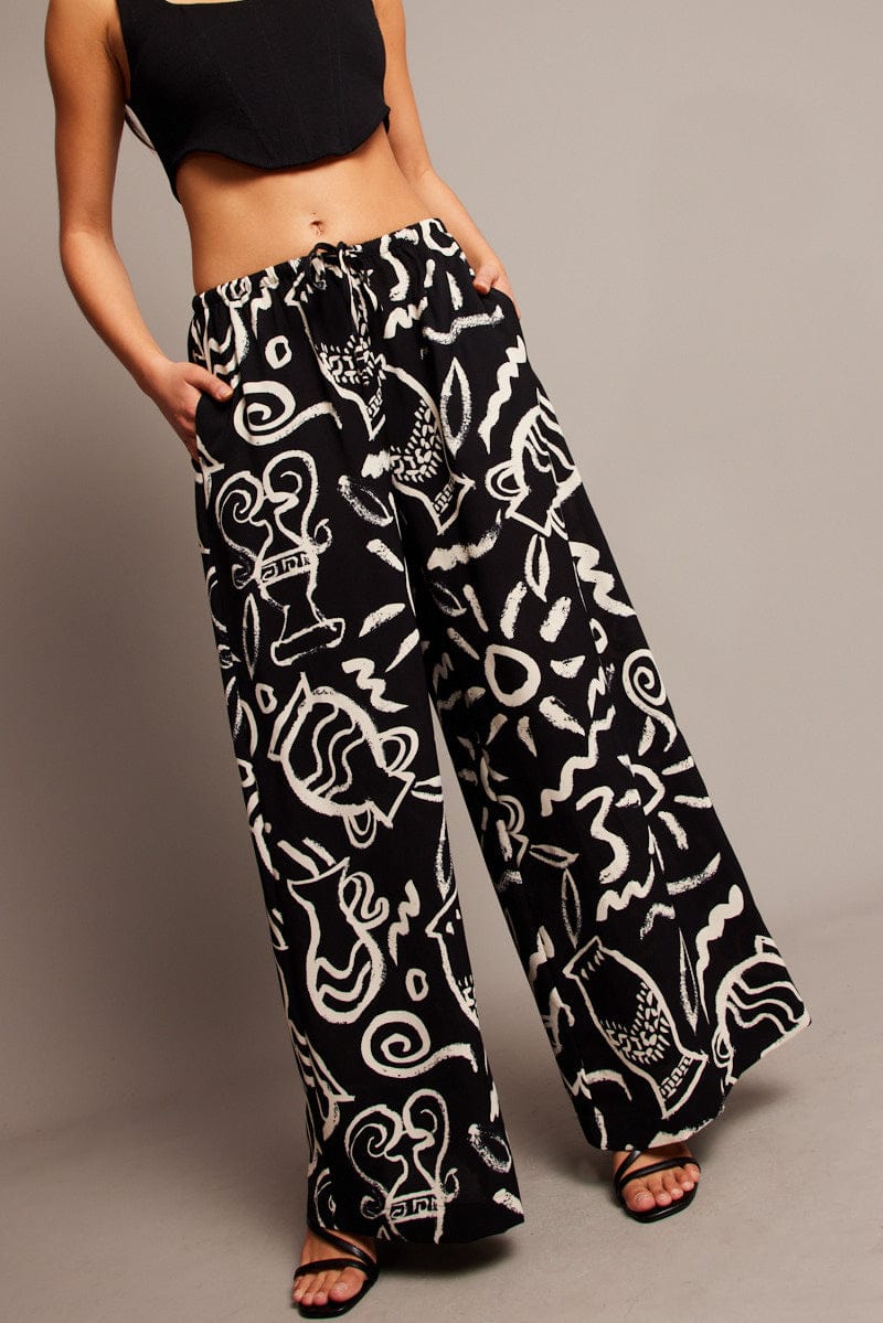 Black Abstract Wide Leg Pants High Rise for Ally Fashion