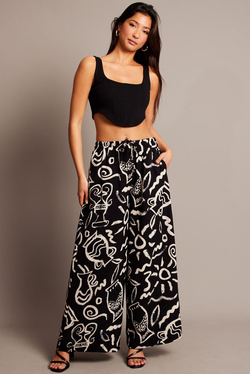 Black Abstract Wide Leg Pants High Rise for Ally Fashion