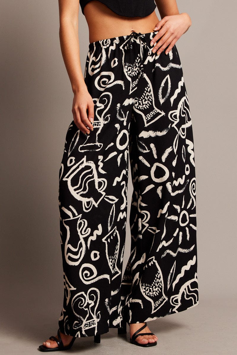 Black Abstract Wide Leg Pants High Rise for Ally Fashion