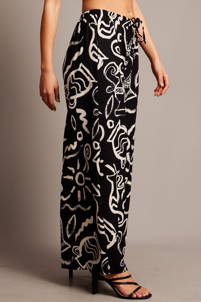 Black Abstract Wide Leg Pants High Rise for Ally Fashion