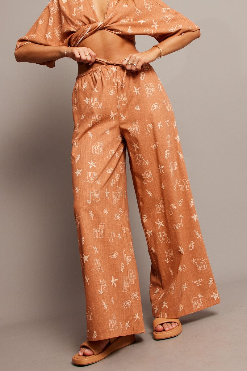 Brown Abstract Wide Leg Pants High Rise for Ally Fashion