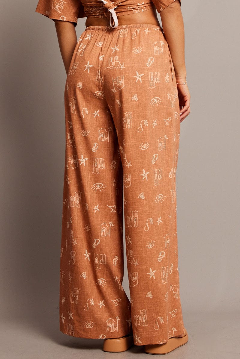 Brown Abstract Wide Leg Pants High Rise for Ally Fashion