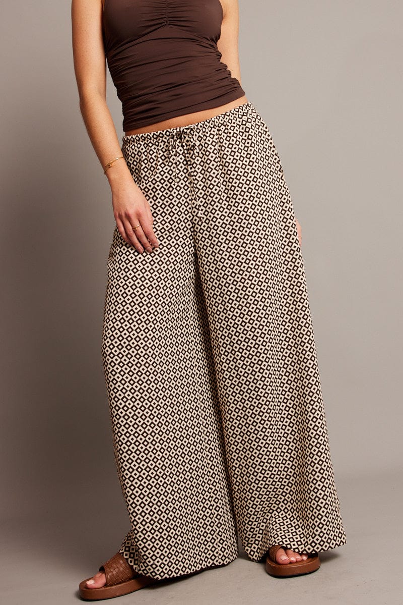 Brown Geo Wide Leg Pants High Rise for Ally Fashion