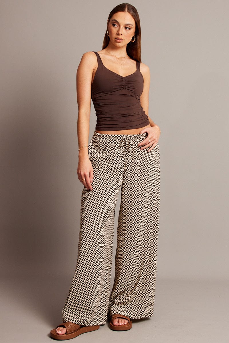 Brown Geo Wide Leg Pants High Rise for Ally Fashion