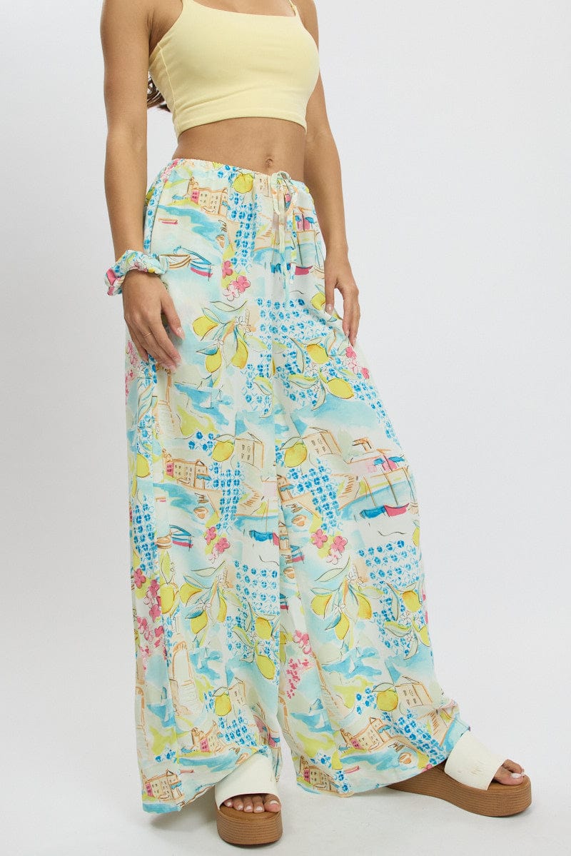 Multi Abstract Wide Leg Pants High Rise for Ally Fashion