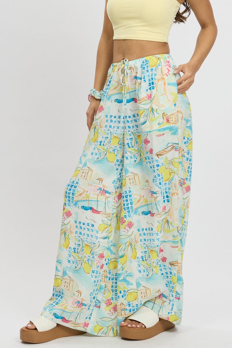 Multi Abstract Wide Leg Pants High Rise for Ally Fashion